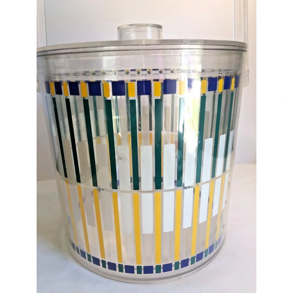 Vintage Stotter Acrylic Plastic Ice Bucket 1980s Green Blue Yellow White Stripe